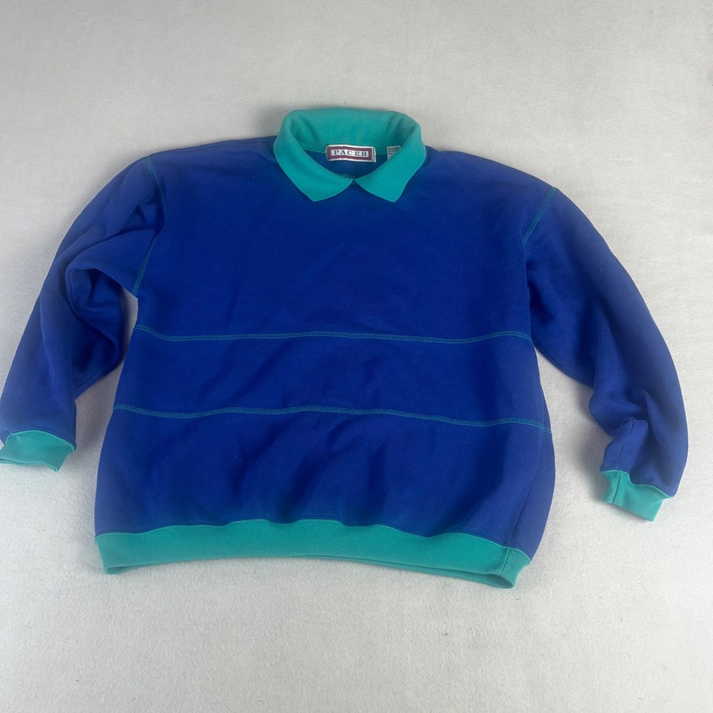 Vintage Pacer Men's Collared Sweatshirt Blue Teal Colorblock Pullover Size M